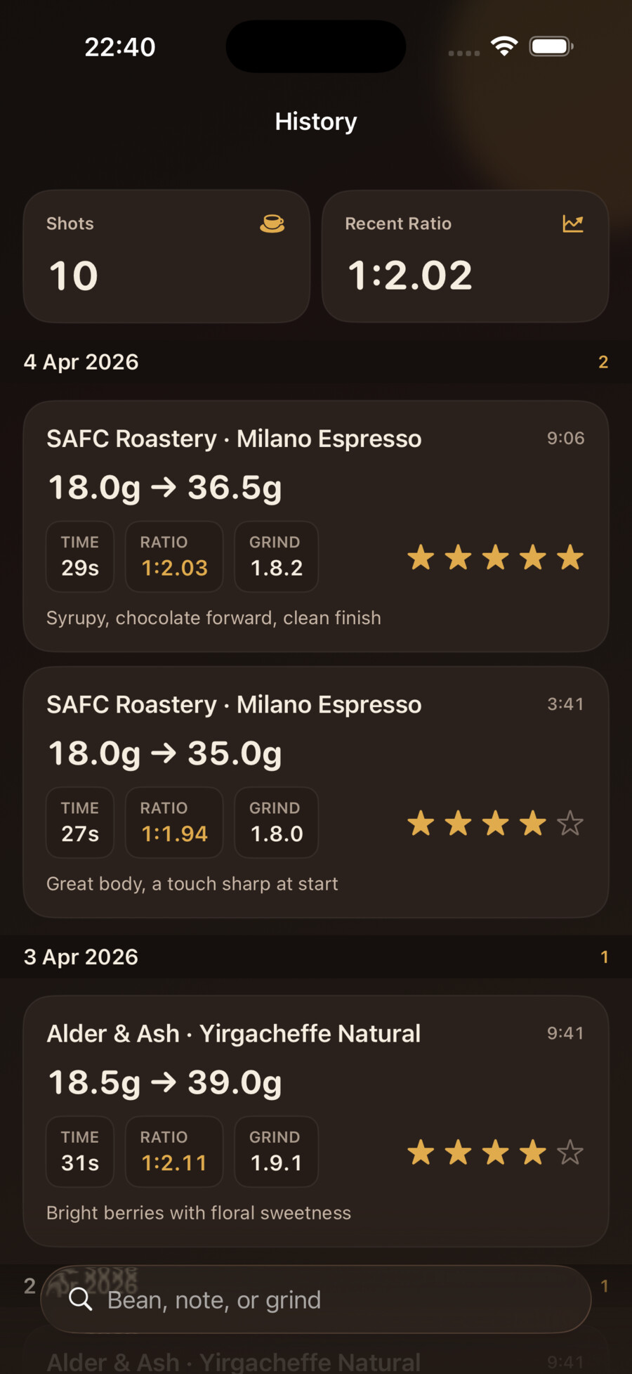 Espresso shot history in Better Coffee