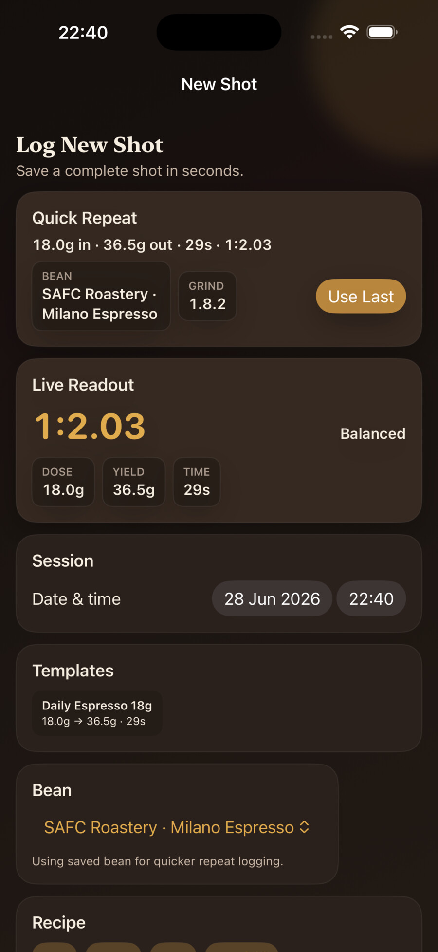 Better Coffee shot logging screen