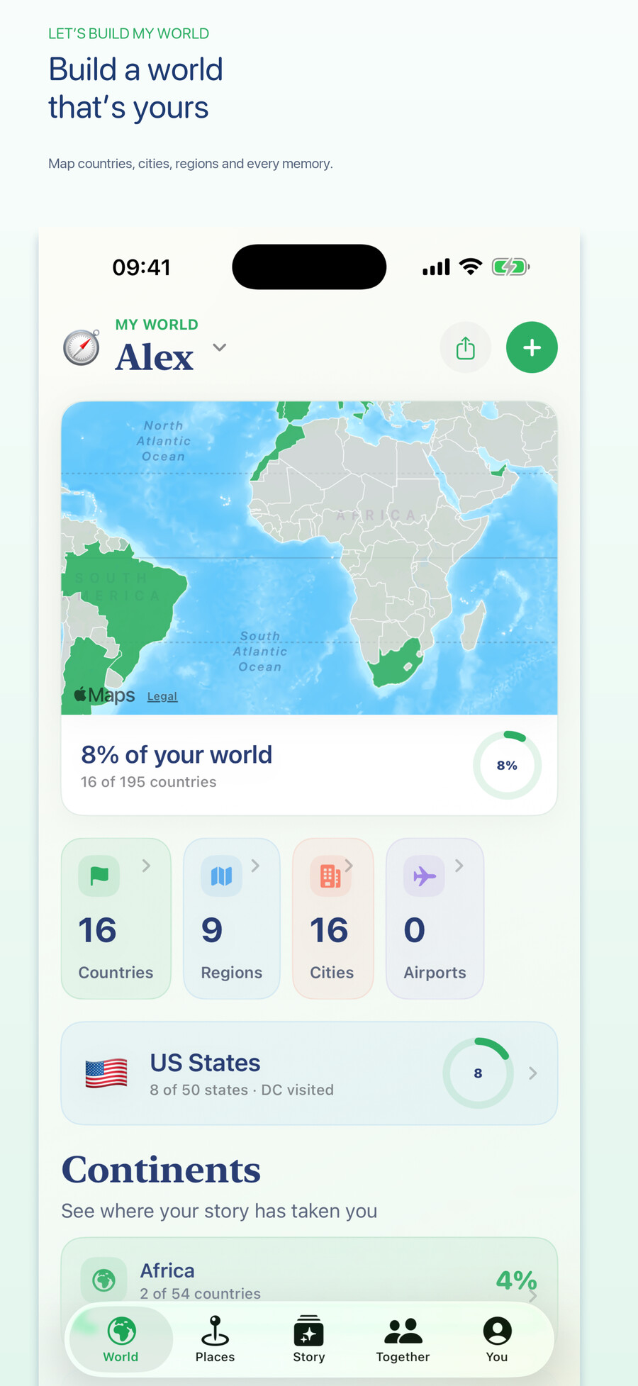Let’s Build My World showing a personal travel map