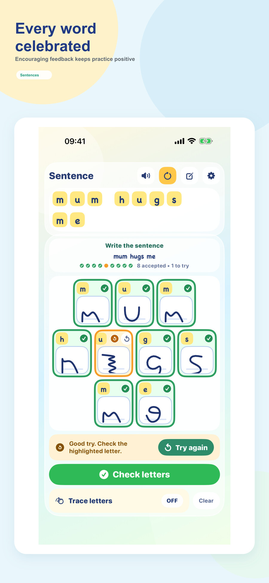 Let’s Build Sentences celebrating completed handwriting